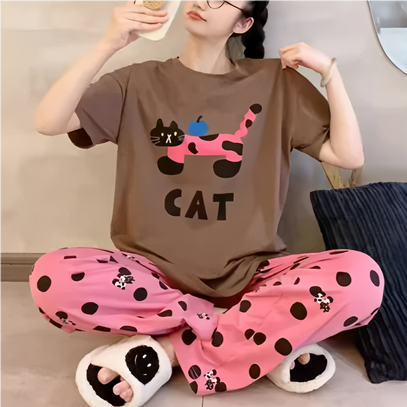 Modern Chic All-Season Sweet Feminine Summer 2 Pcs Women 's Short  Sleeve Sleep Set | Color: Style 4 | Image 1