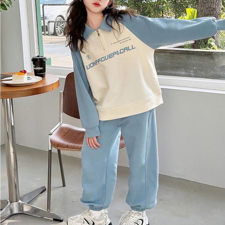 Casual Sporty Autumn 2-Piece Girls' Pants Suit, Ages 4-14 | Color: Blue | Image 3