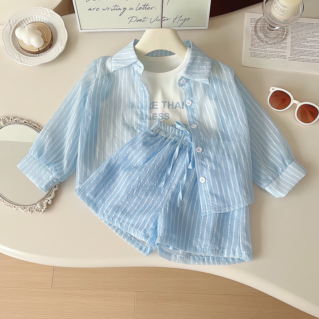 Casual Sporty Summer 3-Piece Girls' Pants Suit, Ages 2-9 | Color: Blue | Image 1