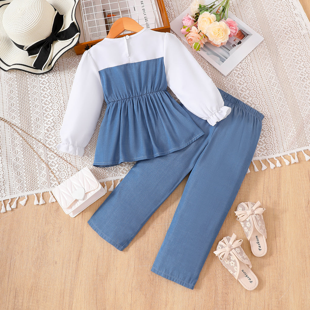 Elegant Autumn 2-Piece Girls' Pants Suit, Ages 2-7 | Color: White&Deep Blue | Image 3