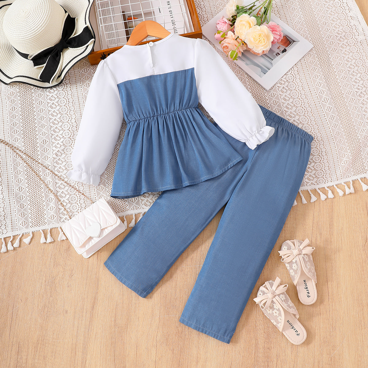 Elegant Autumn 2-Piece Girls' Pants Suit, Ages 2-7 | Color: White&Deep Blue | Image 3