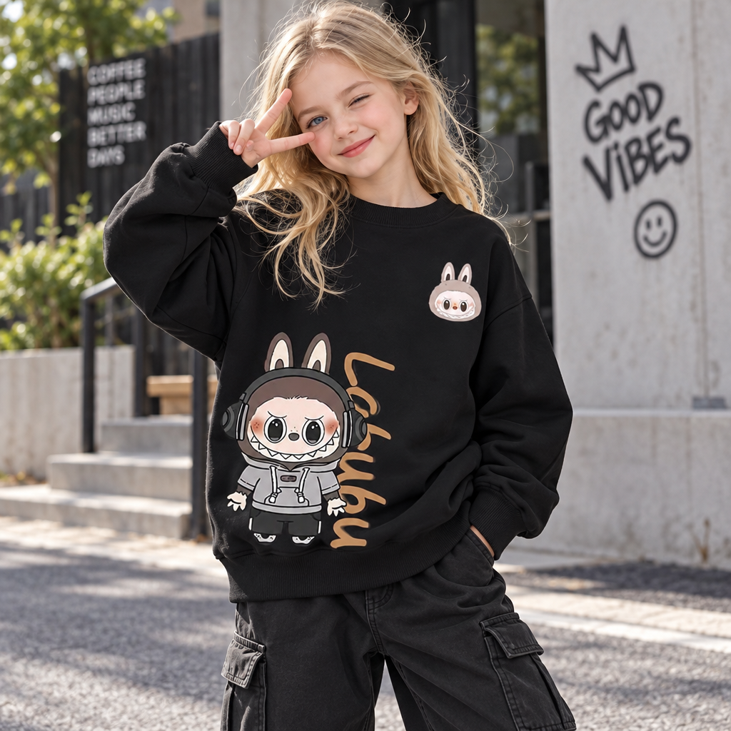 Modern Chic All-Season Minimalist Autumn Unisex Kids' Sweatshirt, Ages 2-14 | Color: Black | Image 2