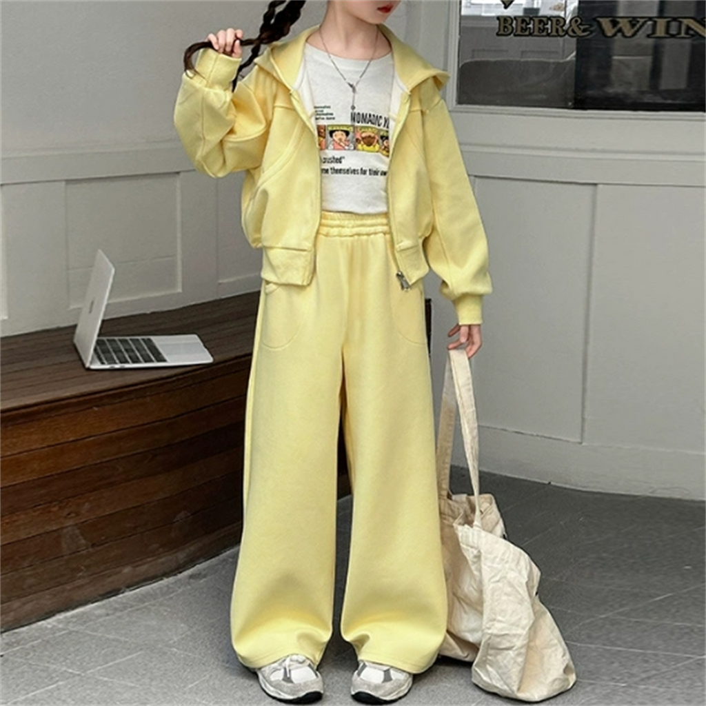 Casual Sporty Autumn 2-Piece Girls' Pants Suit, Ages 4-14 | Color: Yellow | Image 1