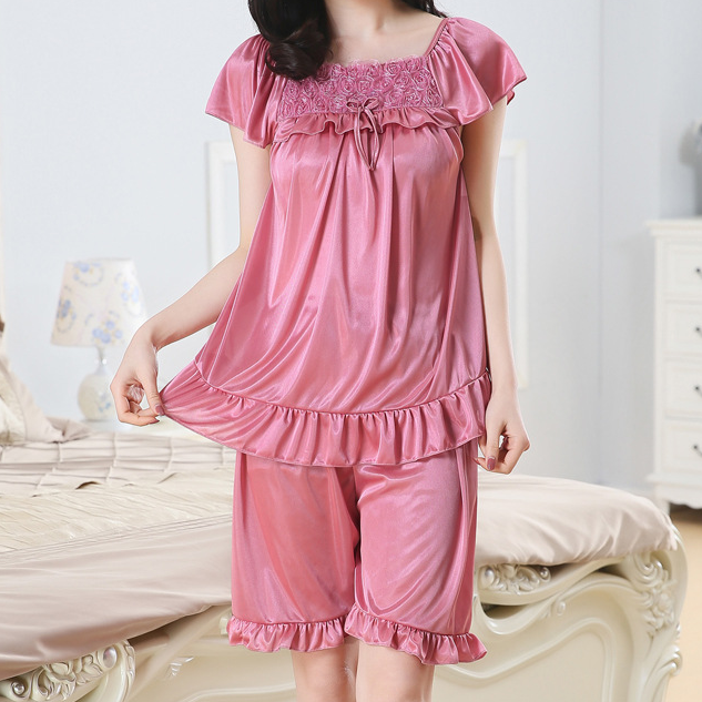 Sweet Feminine Summer Women 's Short  Sleeve Night Set | Color: Cameo brown | Image 1