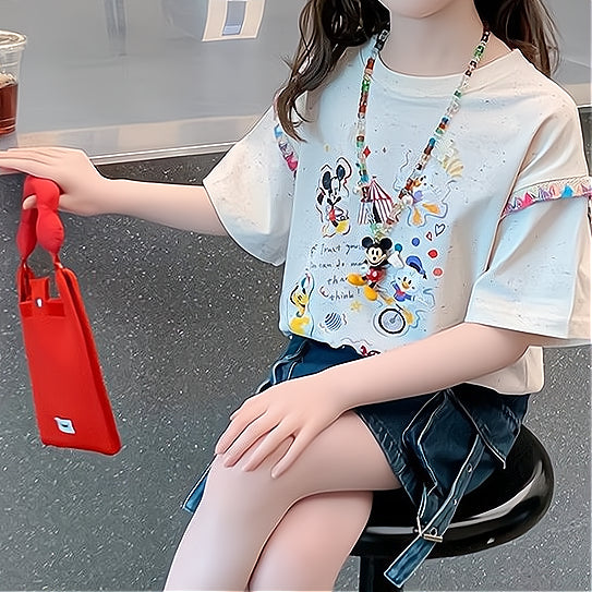 Modern Chic All-Season Casual Sporty Summer Girls' T-Shirt, Ages 4-14 | Color: Beige | Image 2
