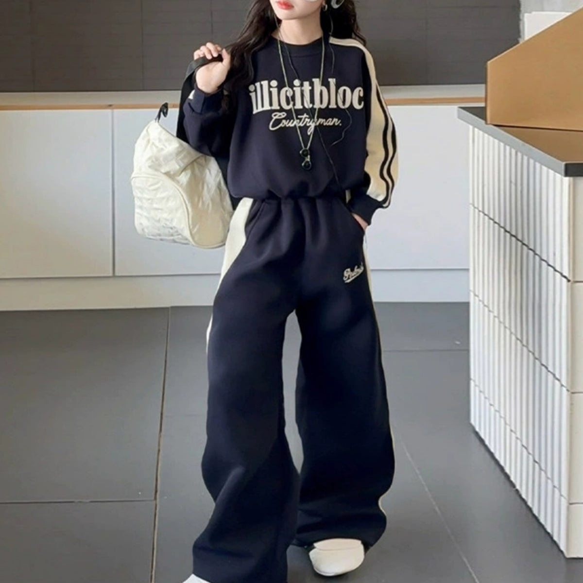 Modern Chic All-Season Minimalist Spring Girls' Pants Suit, Ages 4-14 | Color: Navy | Image 3