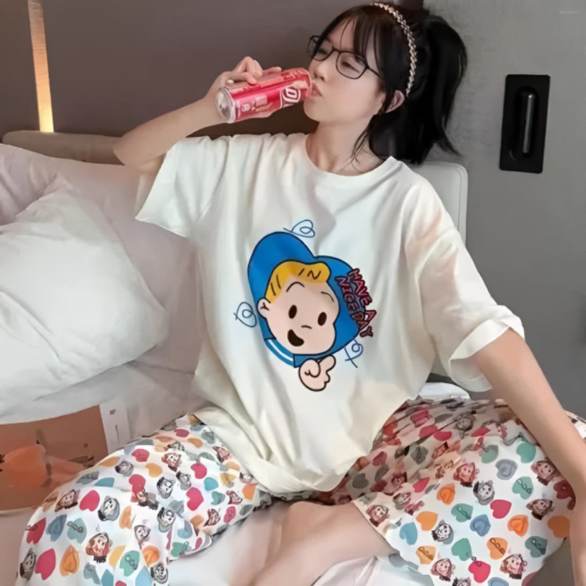 Sweet Feminine Summer 2 Pcs Women 's Short  Sleeve Sleep Set | Color: Style 4 | Image 1