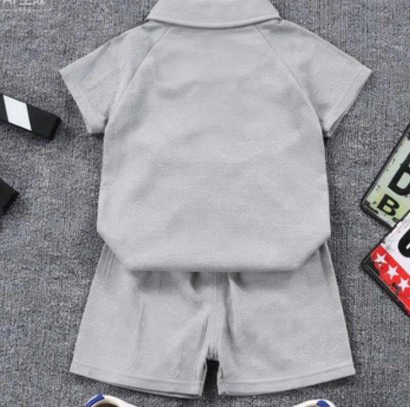 Modern Chic All-Season Minimalist Summer 2-Piece Boys' Pants Suit, Ages 1-6 | Color: Grey | Image 3