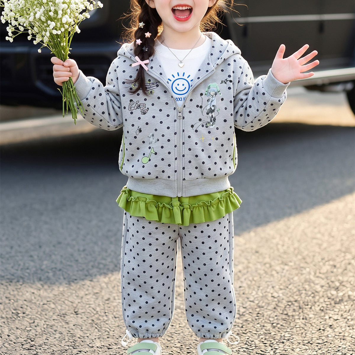 Casual Sporty Autumn 2-Piece Girls' Pants Suit, Ages 2-9 | Color: Grey | Image 1