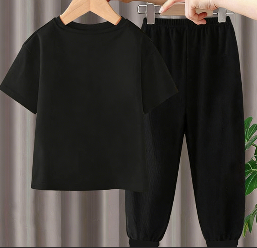 Modern Chic All-Season Minimalist Summer 2-Piece Unisex Kids' Pants Suit, Ages 2-7 | Color: Black | Image 3