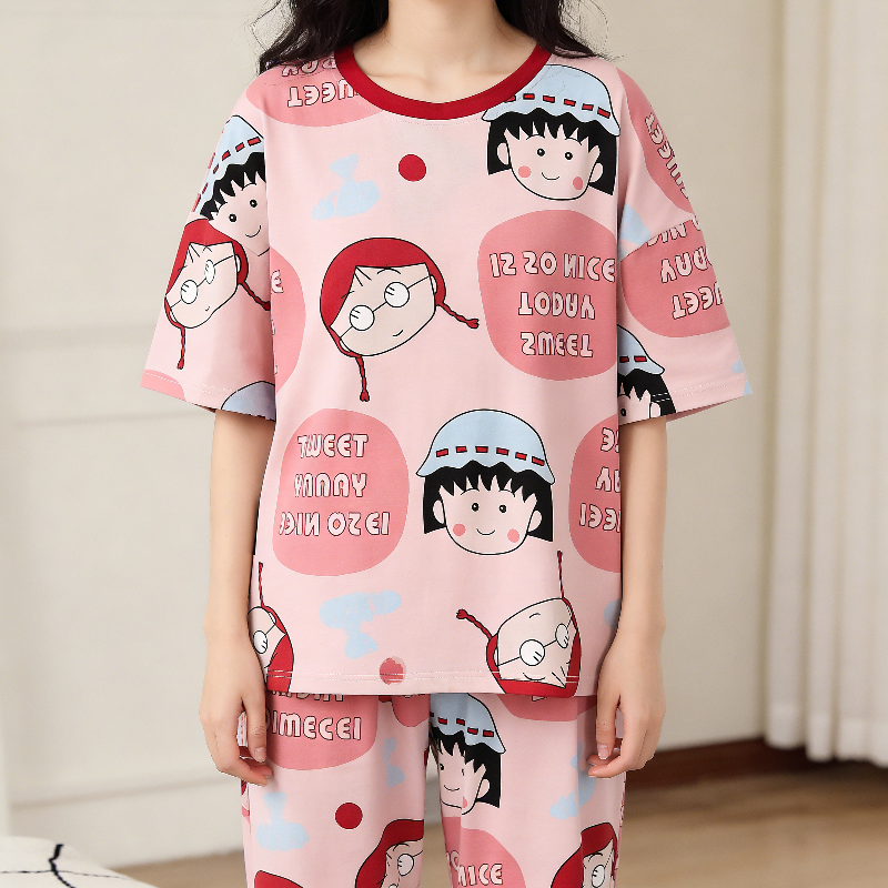 Modern Chic All-Season Minimalist Summer 2 Pcs Women 's Short  Sleeve Sleep Set | Color: Pink | Image 3