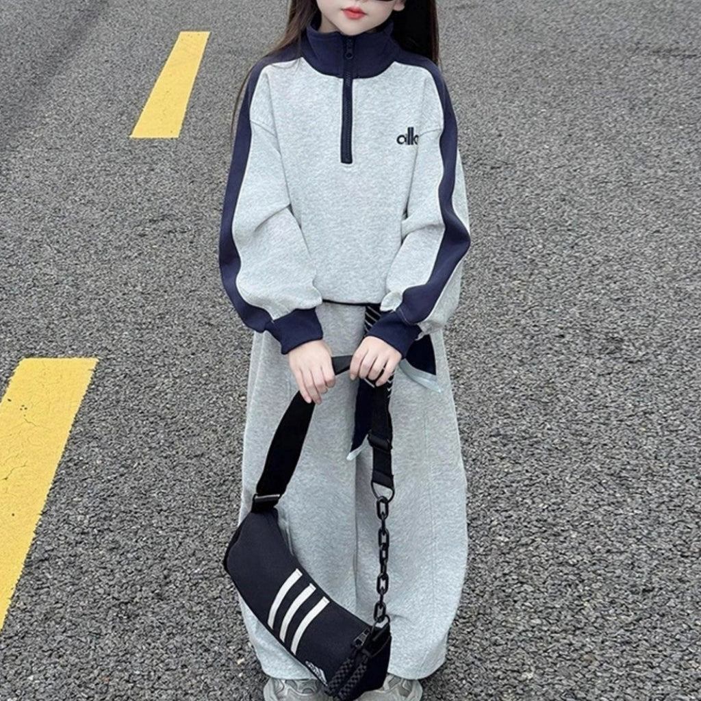 Modern Chic All-Season Minimalist Spring Girls' Pants Suit, Ages 4-14 | Color: Grey | Image 2
