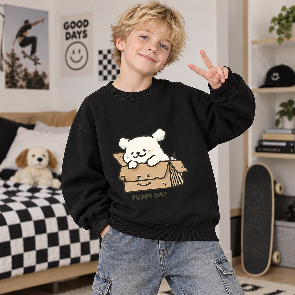 Modern Chic All-Season Casual Sporty Autumn Unisex Kids' Sweatshirt, Ages 2-14 | Color: Black | Image 2
