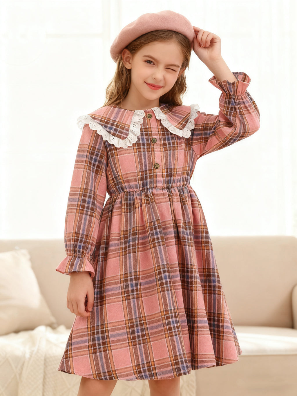 Sweet & Cute Autumn Girls' Shirt Dress, Ages 4-11 | Color: Pink | Image 1