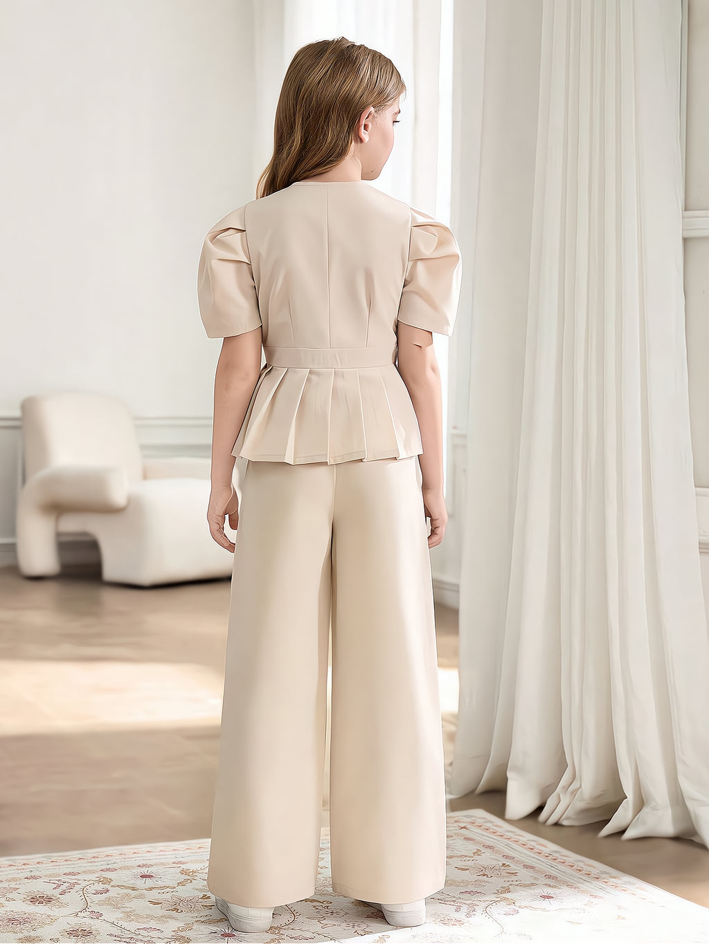 Elegant Summer 2-Piece Girls' Formal Suit, Ages 4-13 | Color: Beige | Image 3