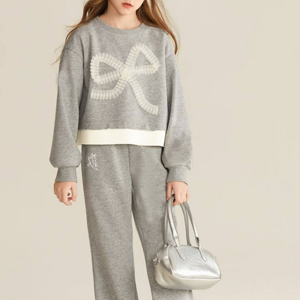 Modern Chic All-Season Minimalist Spring Girls' Pants Suit, Ages 4-14 | Color: Grey | Image 1