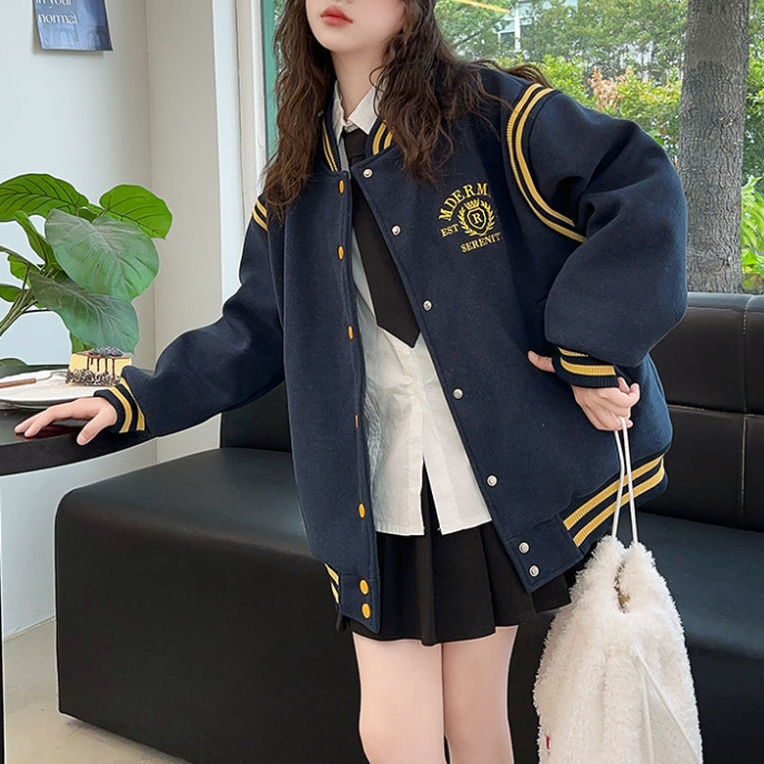 Modern Chic All-Season Casual Sporty Autumn Girls' Baseball Jacket, Ages 4-14 | Color: Navy | Image 1