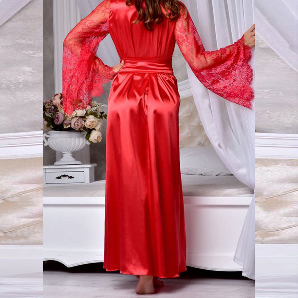 Minimalist All-Season Women 's Long Sleeve Night Robe | Color: Red | Image 2