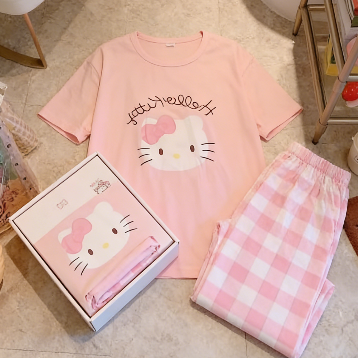Modern Chic All-Season Sweet Feminine Summer 2 Pcs Women 's Short  Sleeve Sleep Set | Color: Style 4 | Image 1