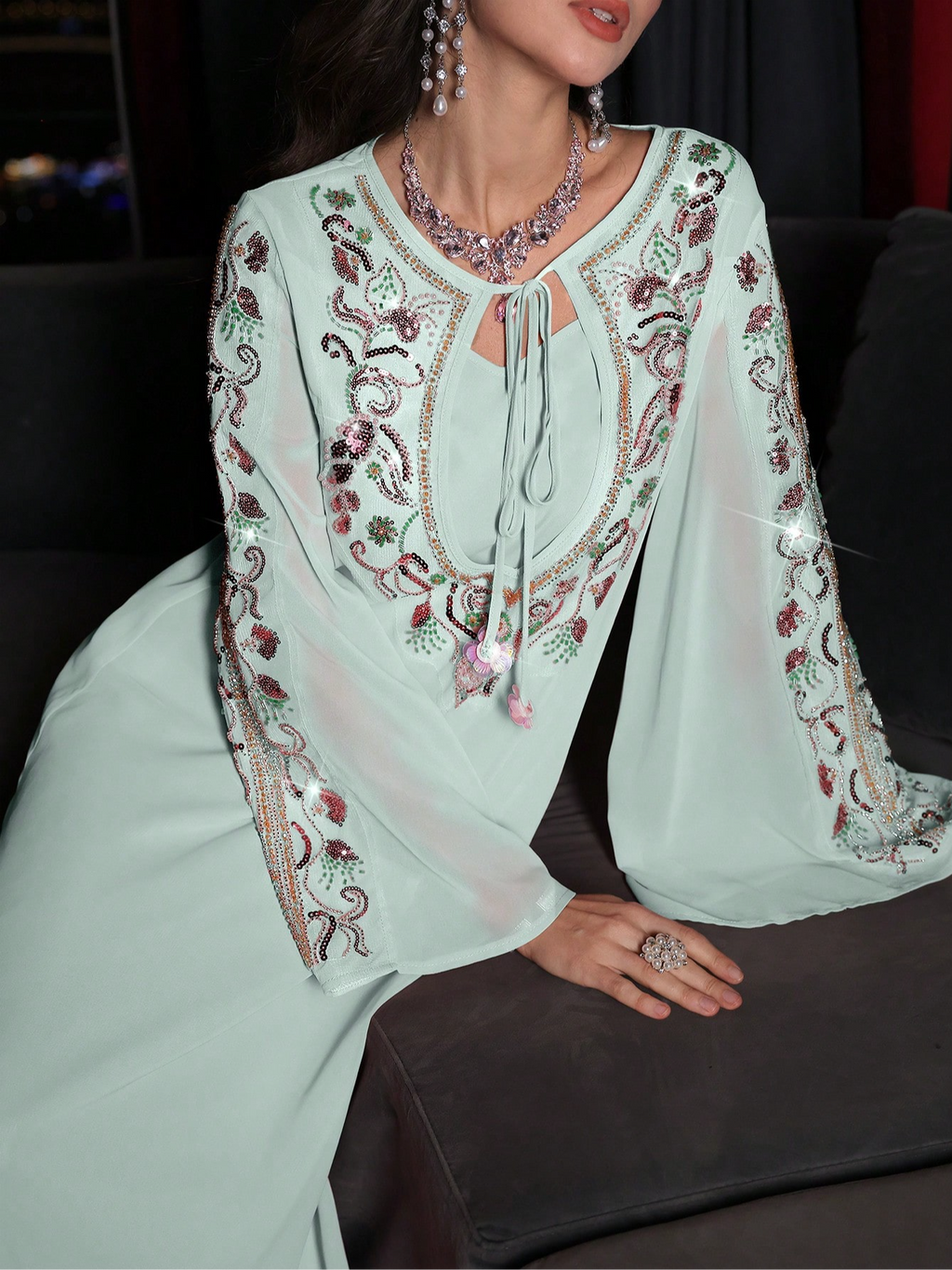 Occasion & Party All-Season Jalabiya Kaftan | Color: Mint Green | Image 1