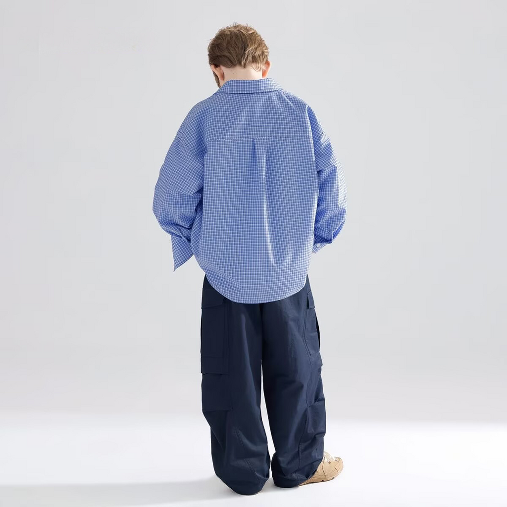 Modern Chic All-Season Minimalist Autumn Unisex Kids' Shirt, Ages 2-14 | Color: Blue | Image 3