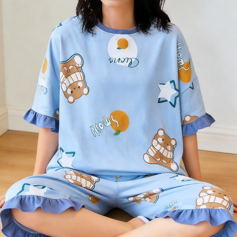 Minimalist Summer 2 Pcs Women 's Short  Sleeve Sleep Set | Color: Light Blue | Image 3