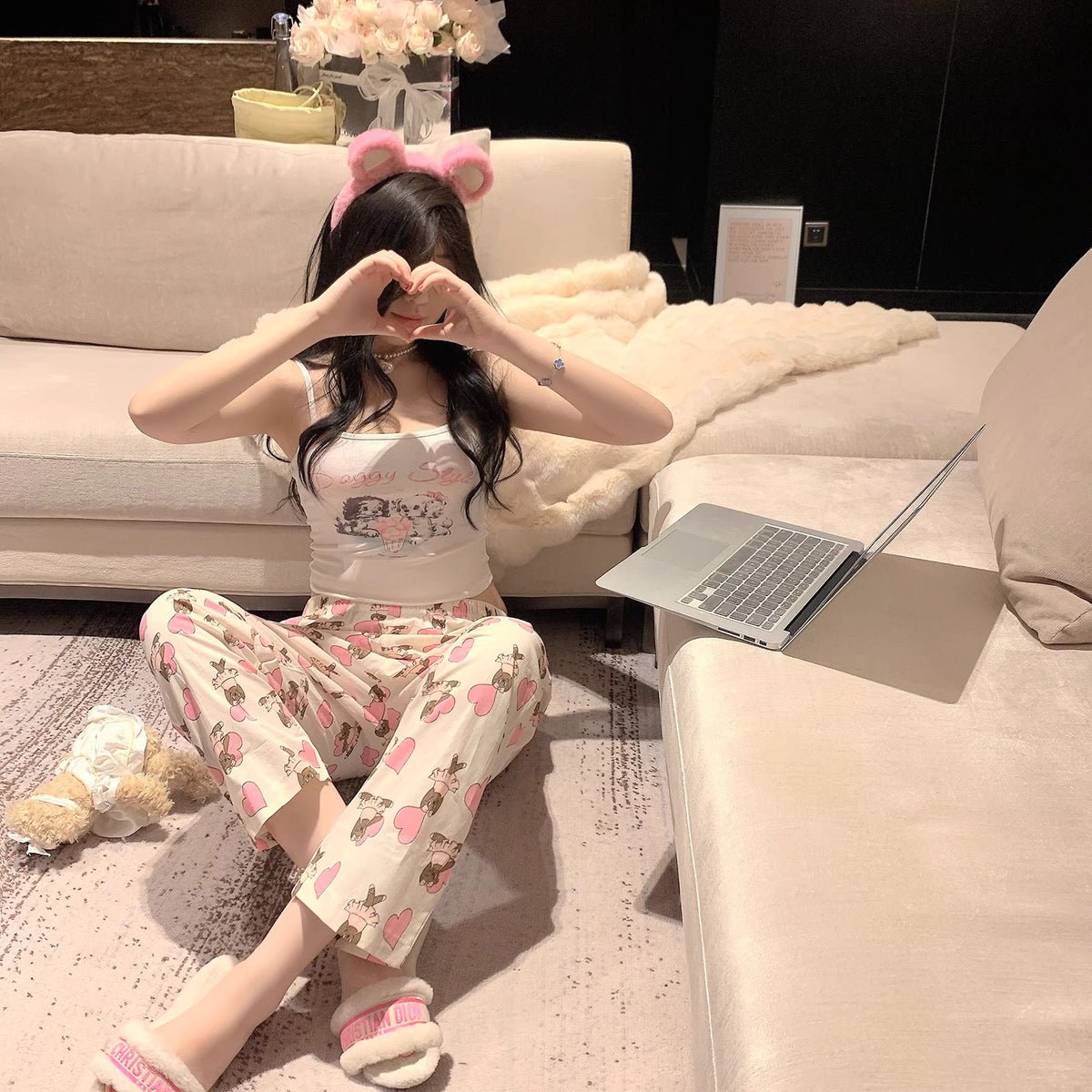Sweet Feminine Summer Women 's Sleeveless Sleep Set | Color: Style 3 | Image 1