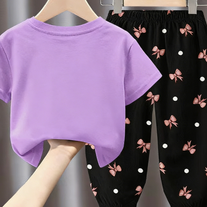 Minimalist Summer 2-Piece Unisex Kids' Pants Suit, Ages 2-7 | Color: Purple | Image 3
