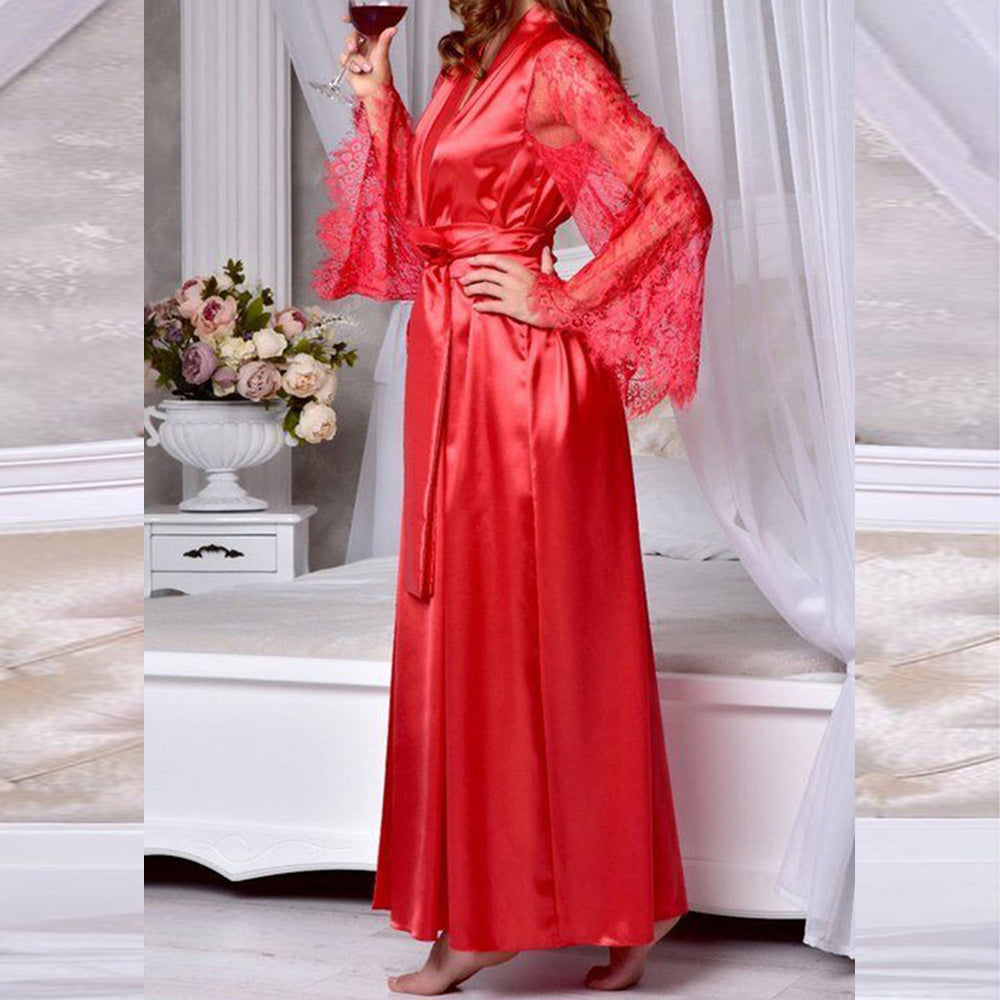 Minimalist All-Season Women 's Long Sleeve Night Robe | Color: Red | Image 3