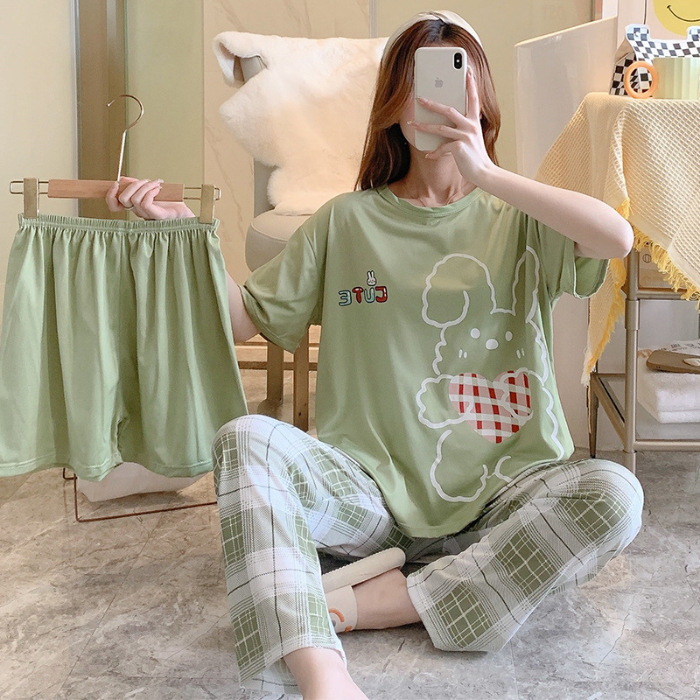 Minimalist Summer 3 Pcs Women 's Short  Sleeve Sleep Set | Color: Green | Image 1