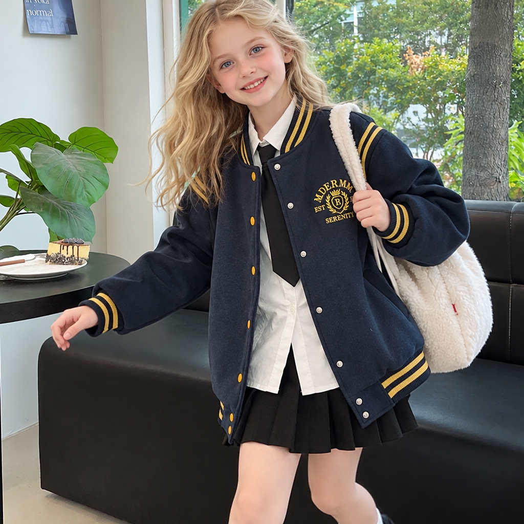 Modern Chic All-Season Casual Sporty Autumn Girls' Baseball Jacket, Ages 4-14 | Color: Navy | Image 2