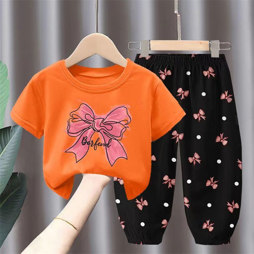 Minimalist Summer 2-Piece Unisex Kids' Pants Suit, Ages 2-7 | Color: Orange | Image 1