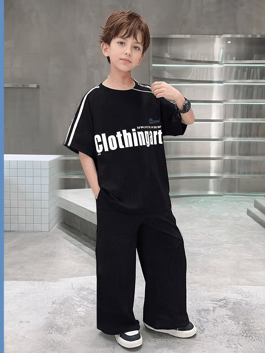 Modern Chic All-Season Casual Sporty Summer 2-Piece Boys' Pants Suit, Ages 4-14 | Color: Black | Image 2