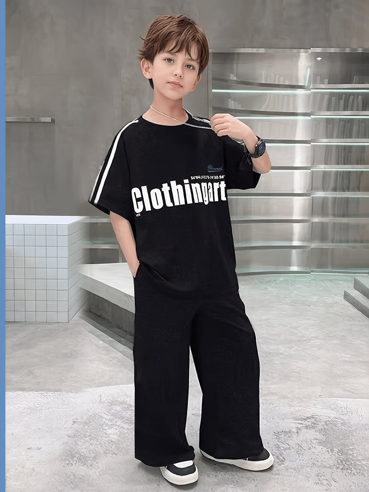 Modern Chic All-Season Casual Sporty Summer 2-Piece Boys' Pants Suit, Ages 4-14 | Color: Black | Image 2