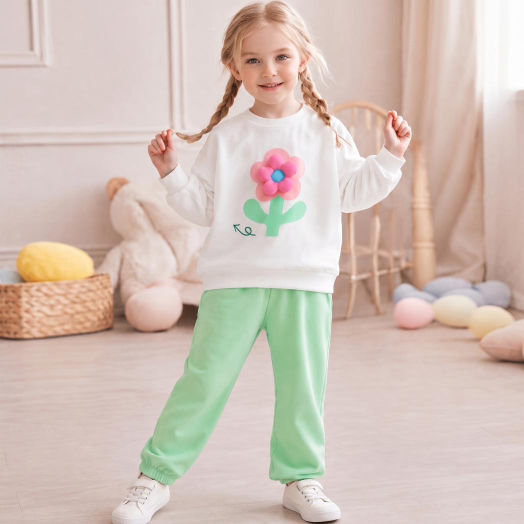 Casual Sporty Autumn 2-Piece Girls' Pants Suit, Ages 2-9 | Color: Green | Image 1