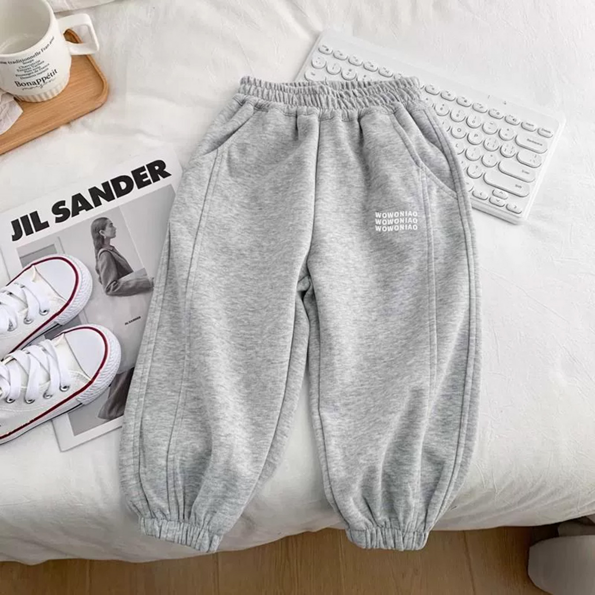 Minimalist Autumn Unisex Kids' Casual Pants, Ages 2-7 | Color: Light Grey | Image 3