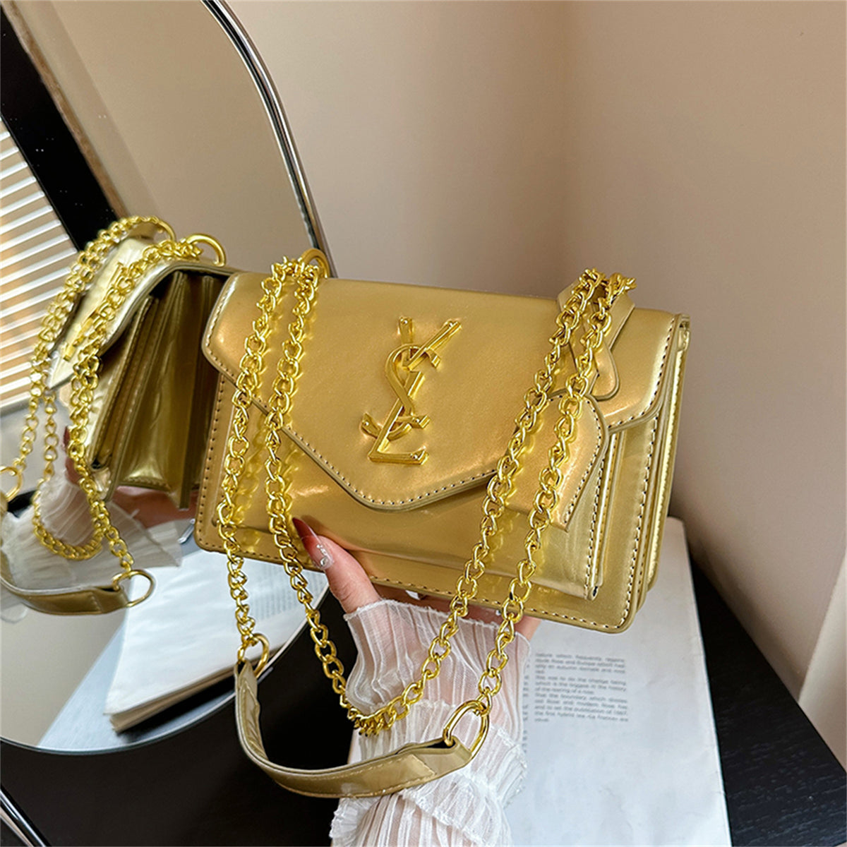 Modern Chic All-Season PU/Artificial Leather/Microfiber Leather, Patent Leather/Glossy Women's Handbags Other Bags | Color: Gold | Image 2