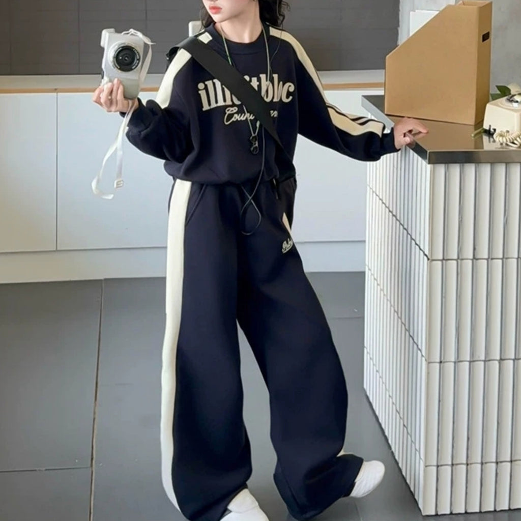 Modern Chic All-Season Minimalist Spring Girls' Pants Suit, Ages 4-14 | Color: Navy | Image 2