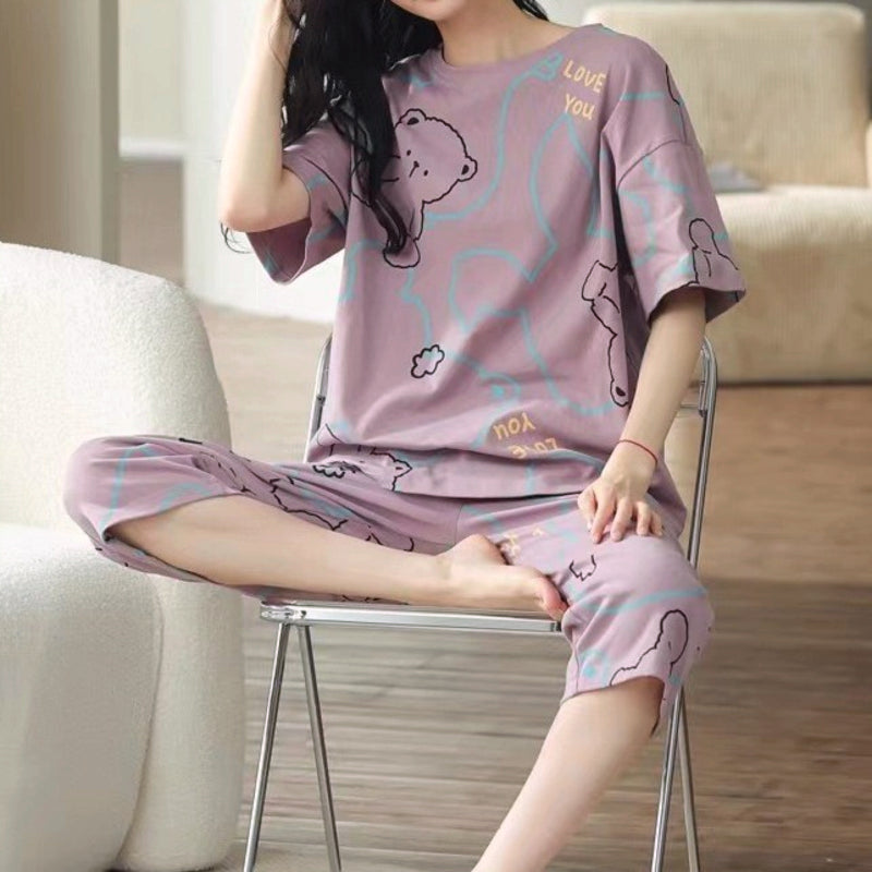 Minimalist Summer 2 Pcs Women 's Short  Sleeve Sleep Set | Color: Peach Pink | Image 1