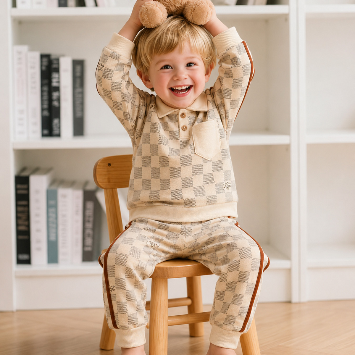 Modern Chic All-Season Casual Sporty Autumn 2-Piece Unisex Kids' Pants Suit, Ages 2-7 | Color: Apricot | Image 1