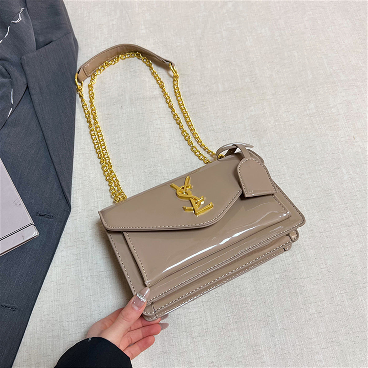 Modern Chic All-Season PU/Artificial Leather/Microfiber Leather, Patent Leather/Glossy Women's Handbags Other Bags | Color: Khaki | Image 3