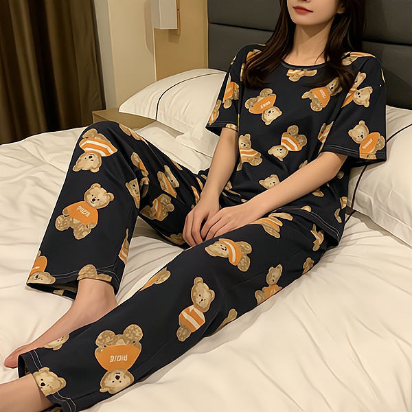 Sweet Feminine Summer 2 Pcs Women 's Short  Sleeve Sleep Set | Color: Style 1 | Image 1