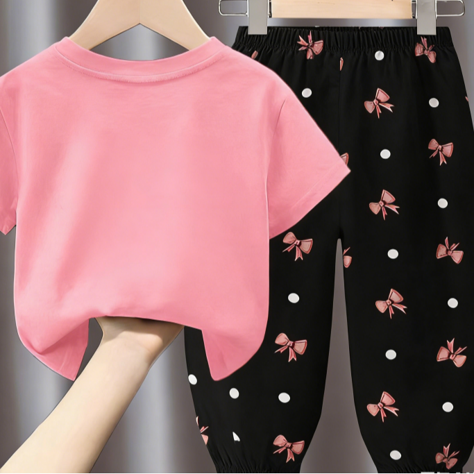 Minimalist Summer 2-Piece Unisex Kids' Pants Suit, Ages 2-7 | Color: Pink | Image 3