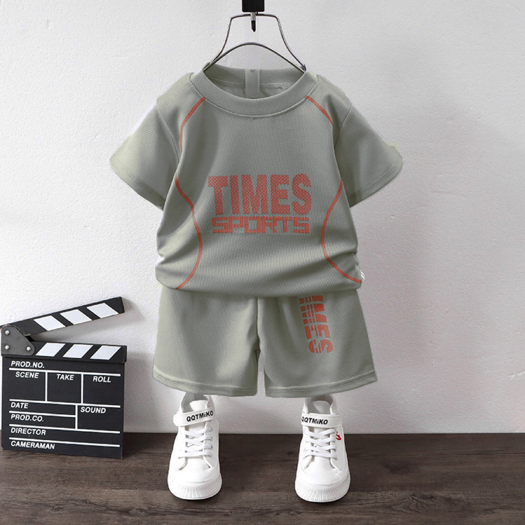 Minimalist Summer 2-Piece Unisex Kids' Pants Suit, Ages 3-11 | Color: Grey | Image 2