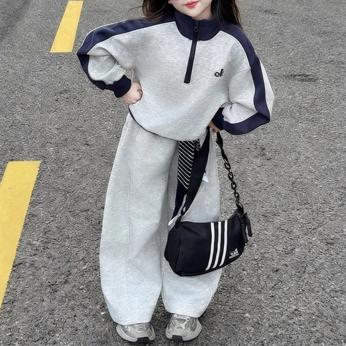 Modern Chic All-Season Minimalist Spring Girls' Pants Suit, Ages 4-14 | Color: Grey | Image 1