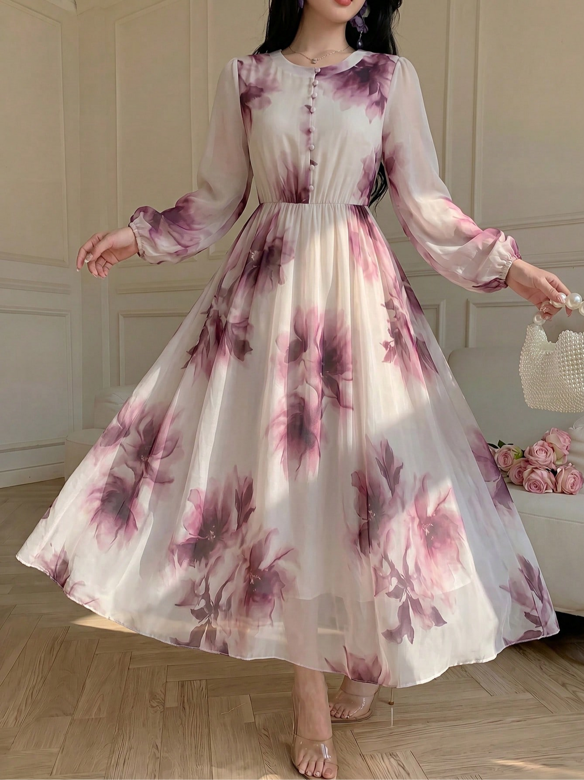 Elegant All-Season A-Line Dress | Color: Amaranth | Image 1