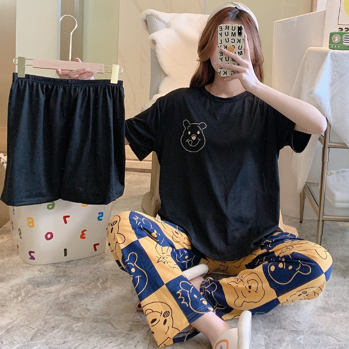 Minimalist Summer 3 Pcs Women 's Short  Sleeve Sleep Set | Color: Ceramic Black | Image 1