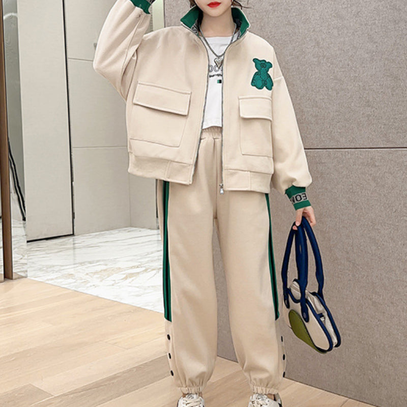 Casual Sporty Autumn 2-Piece Girls' Pants Suit, Ages 4-14 | Color: Apricot | Image 1