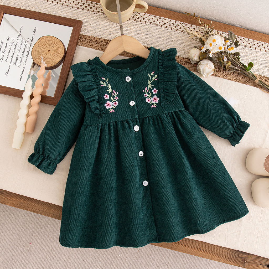 Elegant Autumn Baby Girls' Dress, Ages 1-24 Months | Color: Dark Green | Image 1