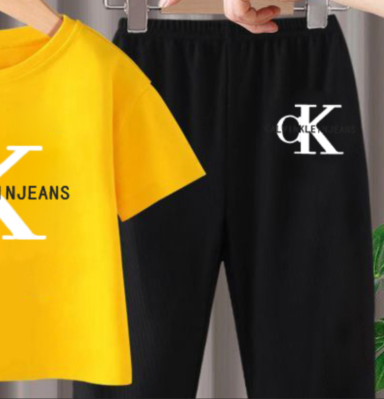 Modern Chic All-Season Minimalist Summer 2-Piece Unisex Kids' Pants Suit, Ages 2-7 | Color: Yellow | Image 2